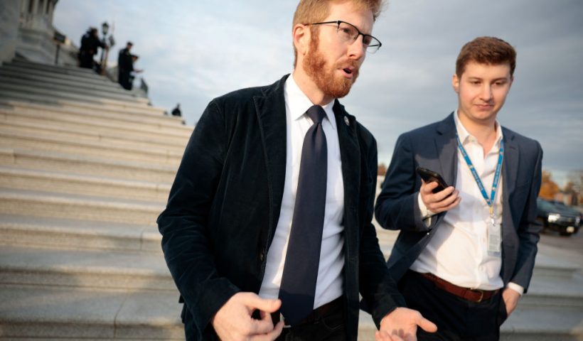 WASHINGTON, DC - NOVEMBER 16: Rep. Peter Meijer (R-MI) speaks with a reporter as he leaves the U.S. Capitol Building on November 16, 2021 in Washington, DC. House Majority Leader Steny Hoyer (D-MD) said earlier today that he expects the House to vote on U.S. President Joe Biden's Build Back Better agenda before lawmakers break for recess for the Thanksgiving holiday. (Photo by Anna Moneymaker/Getty Images)