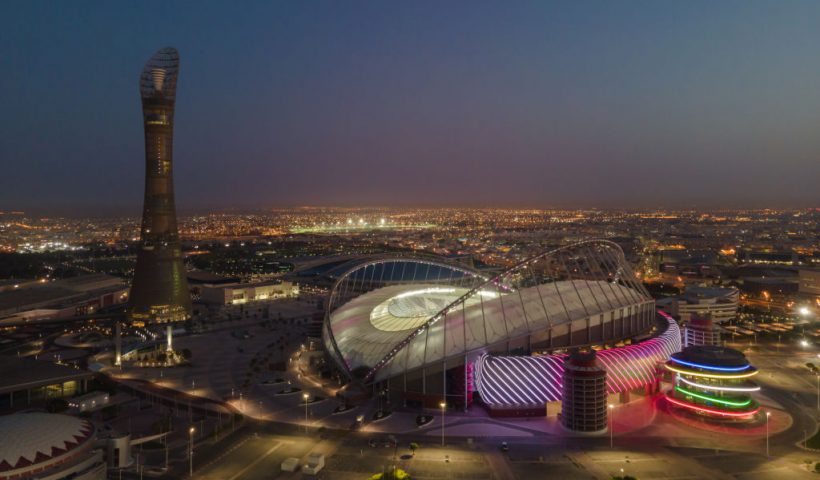 DOHA, QATAR - JUNE 23: (EDITORS NOTE: This photograph was taken using a drone) An aerial view of Khalifa Stadium stadium at sunrise on June 22, 2022 in Doha, Qatar. Khalifa Stadium stadium is a host venue of the FIFA World Cup Qatar 2022 starting in November. (Photo by David Ramos/Getty Images)