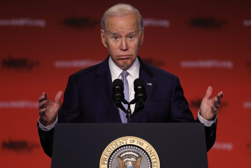 WASHINGTON, DC - APRIL 25: U.S. President Joe Biden addresses the North America's Building Trades Unions legislative conference at the Washington Hilton on April 25, 2023 in Washington, DC. Earlier in the day, Biden released a video where he officially announced his re-election campaign. (Photo by Chip Somodevilla/Getty Images)