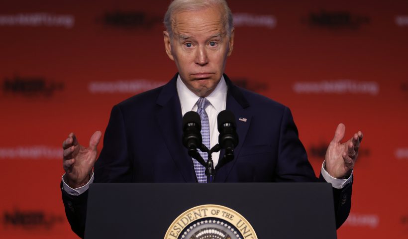 WASHINGTON, DC - APRIL 25: U.S. President Joe Biden addresses the North America's Building Trades Unions legislative conference at the Washington Hilton on April 25, 2023 in Washington, DC. Earlier in the day, Biden released a video where he officially announced his re-election campaign. (Photo by Chip Somodevilla/Getty Images)