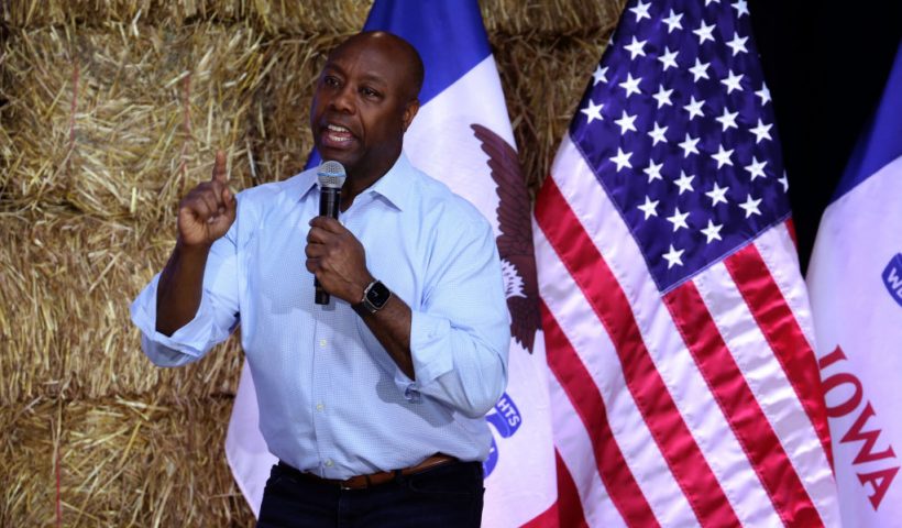 DES MOINES, IOWA - JUNE 03: Republican presidential candidate Senator Tim Scott (R-SC) speaks to guest during the Joni Ernst's Roast and Ride event on June 03, 2023 in Des Moines, Iowa. The annual event helps to raise money for veteran charities and highlight Republican candidates and platforms. (Photo by Scott Olson/Getty Images)