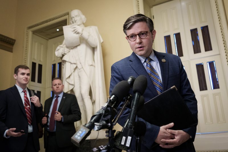 WASHINGTON, DC - OCTOBER 26: U.S. Speaker of the House Mike Johnson (R-LA) gives a brief statement to reporters about the mass shooting in Lewiston, Maine after a meeting with Australian Prime Minister Anthony Albanese at the U.S. Capitol October 26, 2023 in Washington, DC. Albanese visited the White House on Wednesday for an official state visit and a state dinner. (Photo by Drew Angerer/Getty Images)