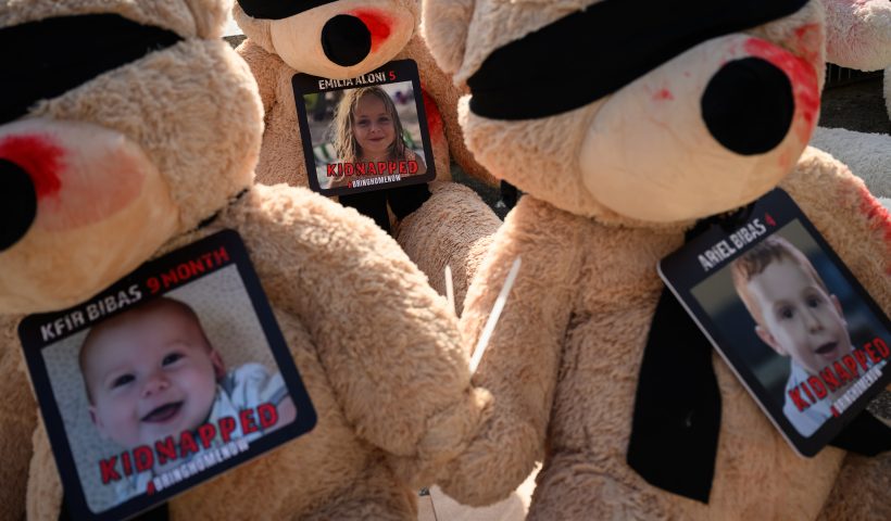 TEL AVIV ISRAEL - OCTOBER 25: Soft teddy bears with their eyes covered and showing signs of injury are displayed to highlight the young children and babies currently missing, believed to be being held hostage, by Hamas, on October 25, 2023 in Tel Aviv, Israel. As Israel seems poised to invade the Gaza Strip in its campaign to vanquish Hamas, the Palestinian militant group that launched a deadly attack in southern Israel on October 7th, worries are growing of a wider war with multiple fronts, including at the country's northern border with Lebanon. Countries have scrambled to evacuate their citizens from Israel, and Israel has begun relocating residents some communities on its northern border. Meanwhile, hundreds of thousands of residents of northern Gaza have fled to the southern part of the territory, following Israel's vow to launch a ground invasion. (Photo by Leon Neal/Getty Images)