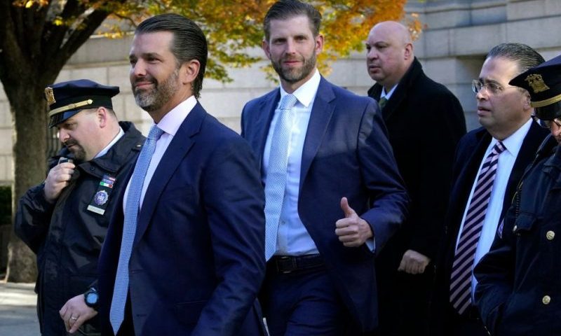 Donald Trump Jr. (2nd L) and Eric Trump (3rd L) arrive at New York Supreme Court November 2, 2023, for the fraud trial of the Trump Organization. Eric Trump is in court to testify one day after his brother Donald Trump Jr., testified he had not been involved in the organization's financial documents at the center of the prosecution. (Photo by TIMOTHY A. CLARY / AFP) (Photo by TIMOTHY A. CLARY/AFP via Getty Images)