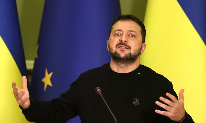 Ukraine's President Volodymyr Zelensky speaks during a joint press conference with European Commission President following their talks in Kyiv on November 4, 2023, amid the Russian invasion of Ukraine. European Commission President arrived in Kyiv to discuss Ukraine's accession to the EU with Ukrainian President. Kyiv applied for EU membership just days after Russia's invasion on February 24, 2022, and received candidacy status several months later in a strong signal of support from Brussels. (Photo by Anatolii STEPANOV / AFP) (Photo by ANATOLII STEPANOV/AFP via Getty Images)