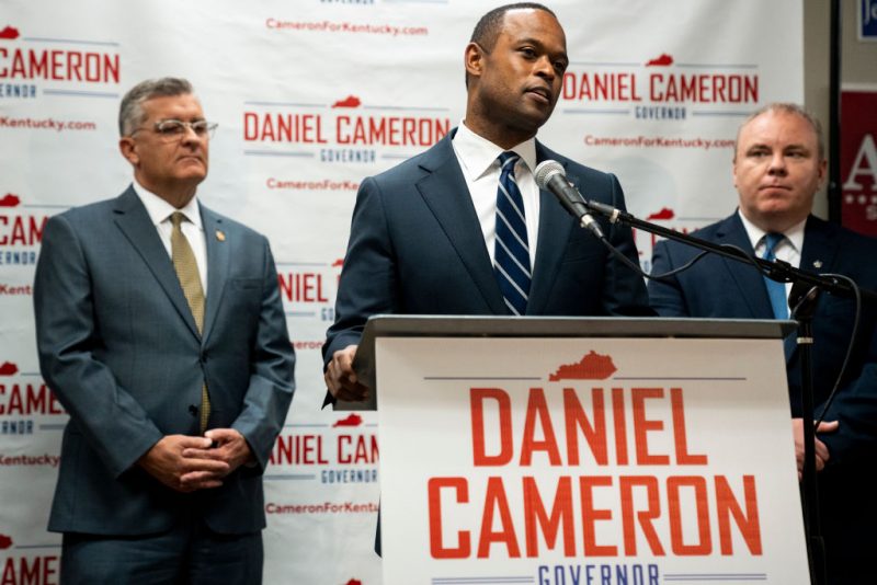 LOUISVILLE, KENTUCKY - NOVEMBER 6: Republican Candidate for Governor, Kentucky Attorney General Daniel Cameron speaks to the press during a campaign event on November 6, 2023 in Louisville, Kentucky. Cameron is in a tight race with incumbent Democratic Governor Andy Beshear. (Photo by Michael Swensen/Getty Images)