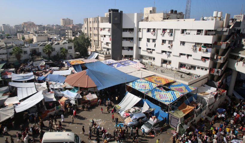 TOPSHOT - An aerial view shows the compound of Al-Shifa hospital in Gaza City on November 7, 2023, amid the ongoing battles between Israel and the Palestinian group Hamas. (Photo by Bashar TALEB / AFP) (Photo by BASHAR TALEB/AFP via Getty Images)