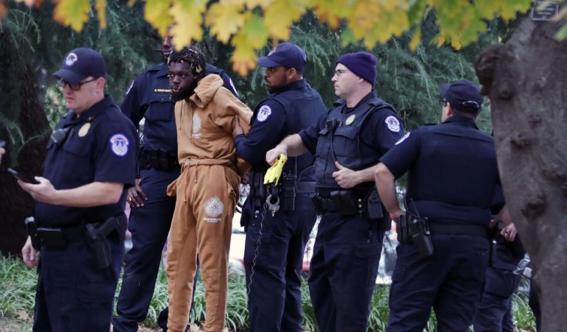 WASHINGTON, DC - NOVEMBER 07: U.S. Capitol Police arrest an unidentified individual who was in possession of a firearm outside of the U.S. Capitol Building on November 07, 2023 in Washington, DC. Capitol Hill Police responded to a suspicious package alert and arrested a man armed with gun outside U.S. Capitol Building. (Photo by Alex Wong/Getty Images)