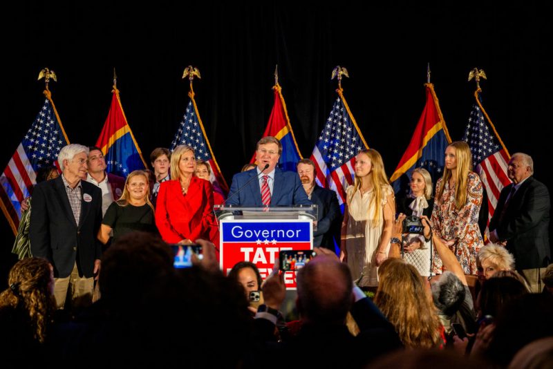 FLOWOOD, MISSISSIPPI - NOVEMBER 07: Mississippi incumbent Republican Gov. Tate Reeves and his family speak to supporters during an election night watch party at The Refuge Hotel & Conference Center on November 07, 2023 in Flowood, Mississippi. Gov. Reeves won reelection against Democratic challenger Brandon Presley, a second cousin of Elvis Presley. (Photo by Brandon Bell/Getty Images)