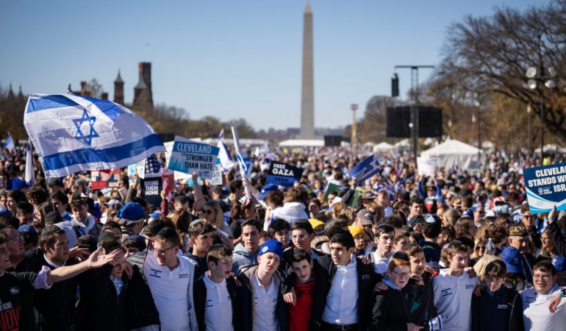 WASHINGTON, DC - NOVEMBER 14: Thousands of people attend the March for Israel on the National Mall November 14, 2023 in Washington, DC. The large pro-Israel gathering comes as the Israel-Hamas war enters its sixth week following the Oct. 7 terrorist attacks by Hamas. (Photo by Drew Angerer/Getty Images)