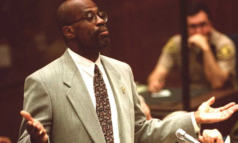 LOS ANGELES, CA - JANUARY 13: Deputy District Attorney Chris Darden asks Judge Lance Ito in the O.J.Simpson case 13 January to bar the defense from asking Los Angeles Police detective Mark Fuhrman if he ever uttered a racial epithet. Darden said that the alleged epithet is so vile that he would not utter it himself, and that the Simpson defense wanted to use "the N word" to distract the predominantly black jury and cloud its judgment in rendering a verdict against a black defendant. (COLOR KEY: Wall brown). AFP PHOTO (Photo credit should read POO/AFP via Getty Images)