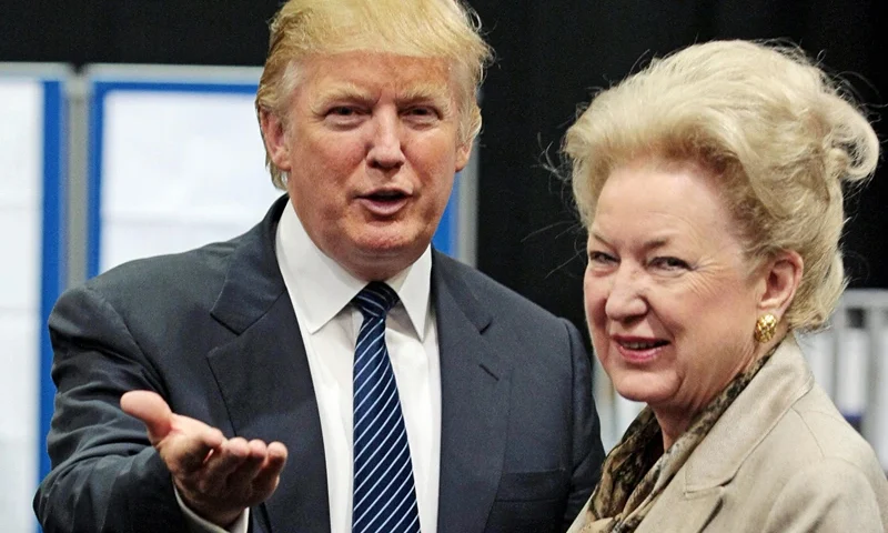 US property tycoon Donald Trump (L) is pictured with his sister Maryanne Trump Barry as they adjourn for lunch during a public inquiry over his plans to build a golf resort near Aberdeen, at the Aberdeen Exhibition & Conference centre, Scotland, on June 10, 2008. Trump wants to build a giant complex on the Scottish east coast near Aberdeen, but has run into opposition from environmentalists and a local farmer who refuses to budge. The Scottish government has called for a full public inquiry into the plans. AFP PHOTO/Ed Jones (Photo credit should read ED Jones/AFP via Getty Images)
