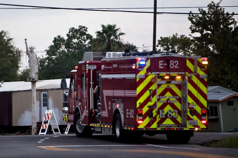 A firetruck waits at a roadblock after a chemical plant operated by the Arkema Group had an explosion during the aftermath of Hurricane Harvey on August 31, 2017 in Crosby, Texas.
Local emergency officials reported two explosions Thursday at a flooded chemical plant in the Texas town of Crosby, its operators Arkema Inc said. "At approximately 2:00 am CDT (0700 GMT), we were notified by the Harris County Emergency Operations Center (EOC) of two explosions and black smoke coming from the Arkema Inc plant in Crosby, Texas," the company statement said.
/ AFP PHOTO / Brendan Smialowski (Photo credit should read BRENDAN SMIALOWSKI/AFP via Getty Images)