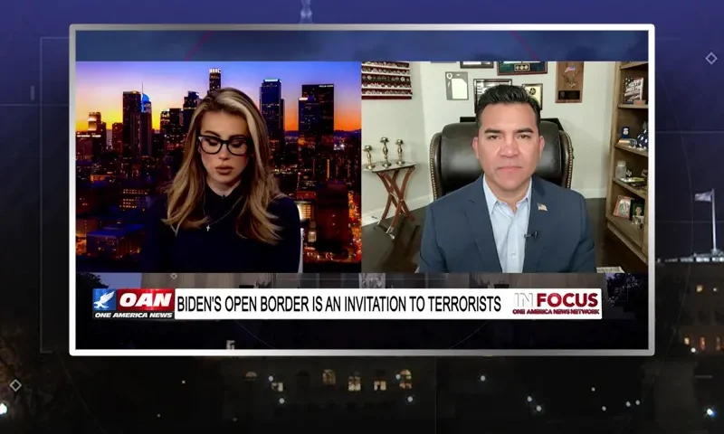 Video still from In Focus on One America News Network showing a split screen of the host on the left side, and on the right side is the guest, Victor Avila.