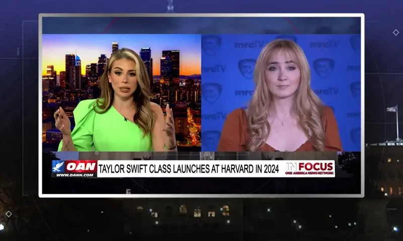 Video still from In Focus on One America News Network showing a split screen of the host on the left side, and on the right side is the guest, Tierin-Rose Mandelburg.