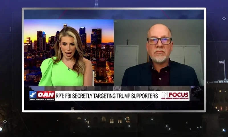 Video still from In Focus on One America News Network showing a split screen of the host on the left side, and on the right side is the guest, Leo Hohmann.