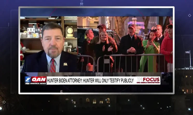 Video still from In Focus on One America News Network showing a split screen of the host on the left side, and on the right side is the guest, Ed Martin.