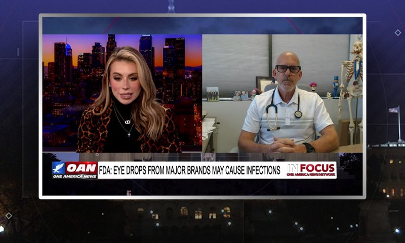 Video still from In Focus on One America News Network showing a split screen of the host on the left side, and on the right side is the guest, Dr. Jeff Barke.