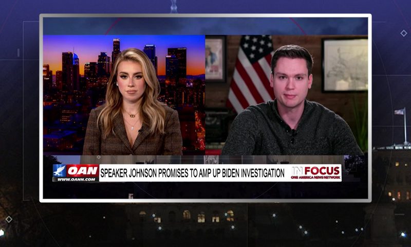 Video still from In Focus on One America News Network showing a split screen of the host on the left side, and on the right side is the guest, Luke Ball.