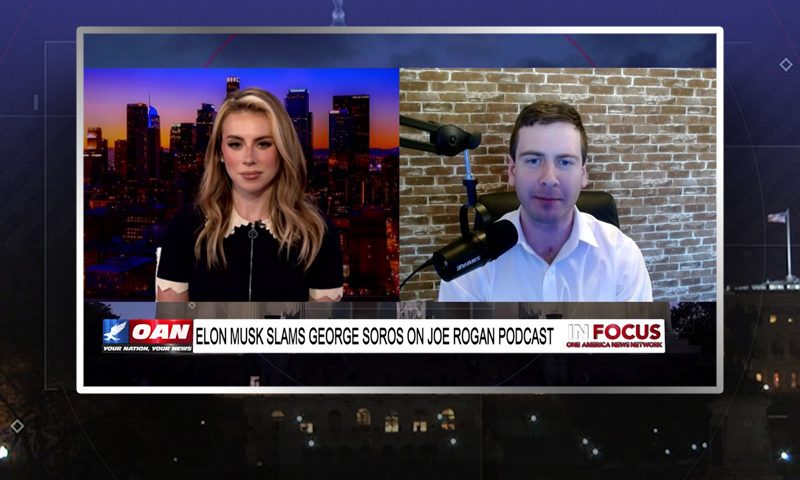Video still from In Focus on One America News Network showing a split screen of the host on the left side, and on the right side is the guest, Matt Palumbo.