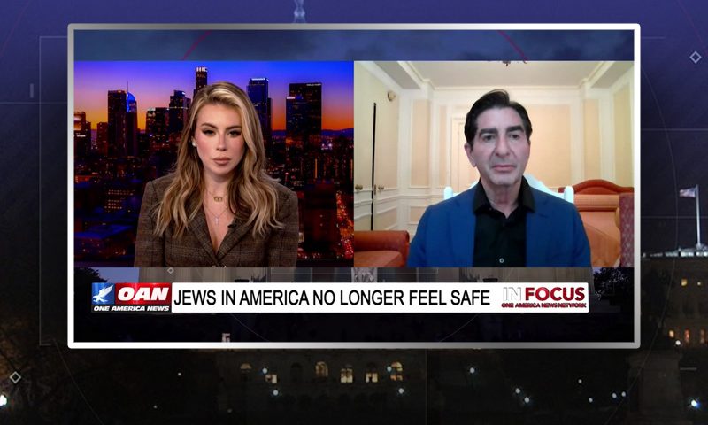 Video still from In Focus on One America News Network showing a split screen of the host on the left side, and on the right side is the guest, Harley Lippman.