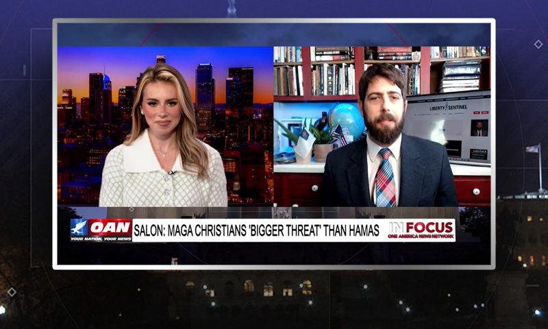 Video still from In Focus on One America News Network showing a split screen of the host on the left side, and on the right side is the guest, Alex Newman.
