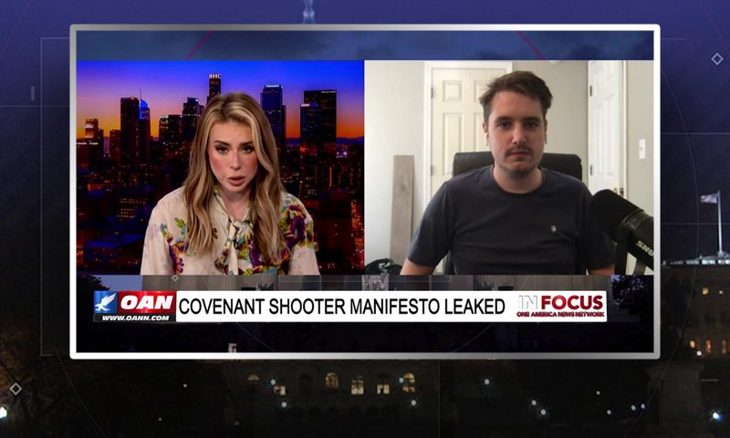 Video still from In Focus on One America News Network showing a split screen of the host on the left side, and on the right side is the guest, Nick Sortor.