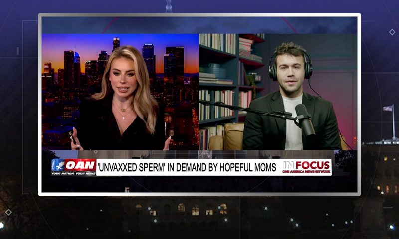 Video still from In Focus on One America News Network showing a split screen of the host on the left side, and on the right side is the guest, Aldo Buttazzoni.