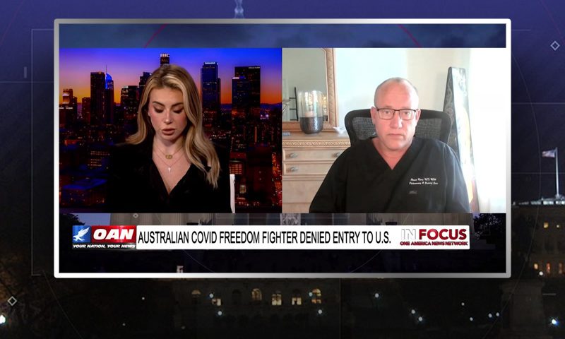 Video still from In Focus on One America News Network showing a split screen of the host on the left side, and on the right side is the guest, Pierre Kory.