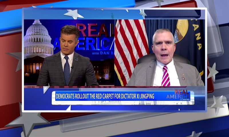 Video still from Real America on One America News Network showing a split screen of the host on the left side, and on the right side is the guest, Matt Rosendale.