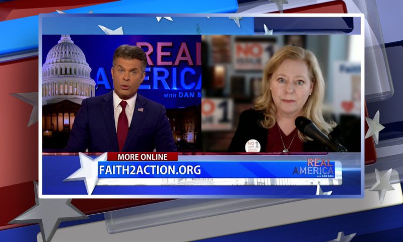 Video still from Real America on One America News Network showing a split screen of the host on the left side, and on the right side is the guest, Janet Porter.