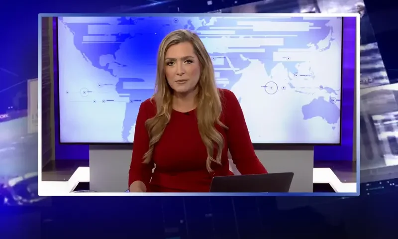 Video still of the host of The Real Story at the desk of their talk show on One America News Network.