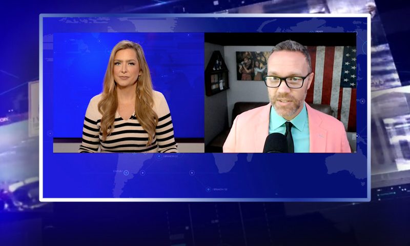 Video still from The Real Story on One America News Network showing a split screen of the host on the left side, and on the right side is the guest, Derrick Evens.