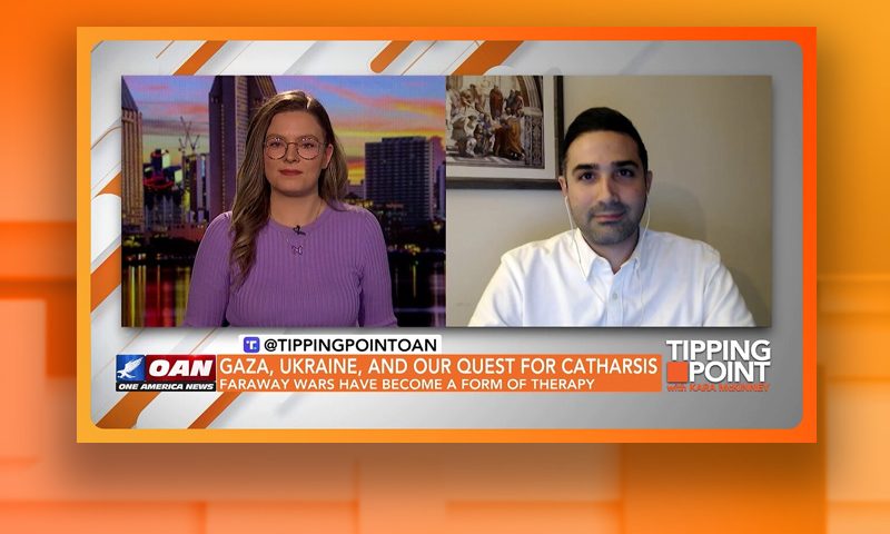 Video still from Tipping Point on One America News Network showing a split screen of the host on the left side, and on the right side is the guest, Arta Moeini.