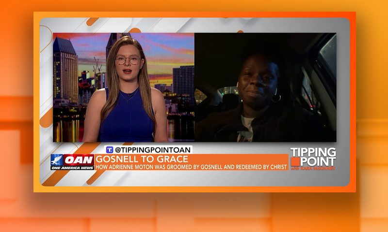 Video still from Real America on One America News Network showing a split screen of the host on the left side, and on the right side is the guest, Adrienne Moton.
