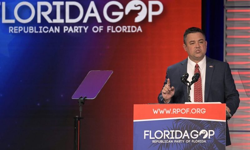 Florida Party of Florida Chairman Christian Ziegler addresses attendees at the Republican Party of Florida Freedom Summit, Nov. 4, 2023, in Kissimmee, Fla. The Republican Party of Florida suspended Ziegler and demanded his resignation during an emergency meeting Sunday, Dec. 17, adding to calls by Gov. Ron DeSantis and other top officials for him to step down as police investigate a rape accusation against him. (AP Photo/Phelan M. Ebenhack)