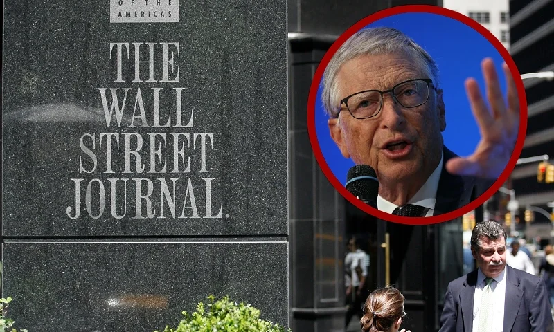 (L) NEW YORK - MAY 1: Pedestrians walk past the Wall Street Journal building at 1155 6th Avenue May 1, 2007 in New York City. Rupert Murdoch's News Corporation made an unsolicited bid of $5 billion for Dow Jones and Co., the parent company of the The Wall Street Journal. (Photograph by Michael Nagle/Getty Images) (R)Microsoft co-founder and Bill & Melinda Gates Foundation Co-Chair, Bill Gates, attend the 3rd edition of the "Rendez-Vous de Bercy" on the topic of growth and climate, at thge French Economy and Finance Ministry, dubbed "Bercy", in Paris, on December 5, 2023. (Photo by Thomas SAMSON / AFP) (Photo by THOMAS SAMSON/AFP via Getty Images)