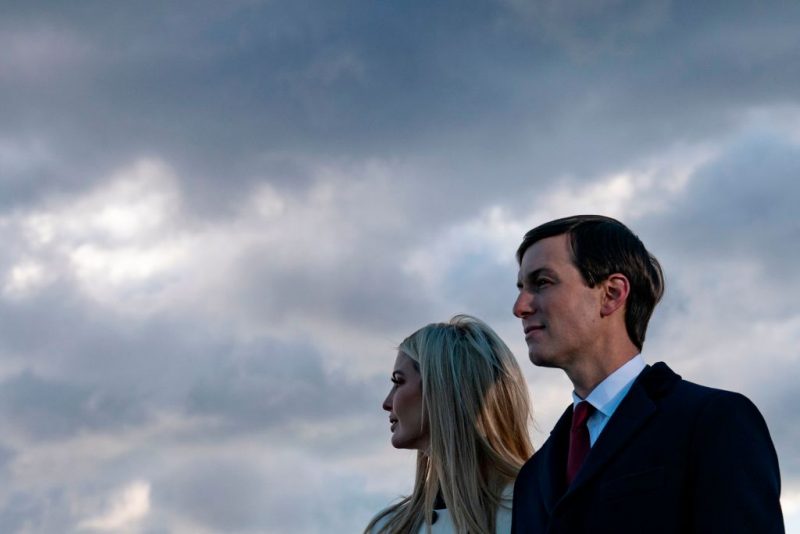 Daughter and Senior Advisor to the Outgoing US President Ivanka Trump and husband Senior Advisor to the Outgoing President Jared Kushner stand on the tarmac at Joint Base Andrews in Maryland as they attend US President Donald Trump's departure on January 20, 2021. - President Trump and the First Lady travel to their Mar-a-Lago golf club residence in Palm Beach, Florida, and will not attend the inauguration for President-elect Joe Biden. (Photo by ALEX EDELMAN / AFP) (Photo by ALEX EDELMAN/AFP via Getty Images)