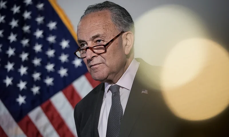 WASHINGTON, DC - MAY 25: Senate Majority Leader Chuck Schumer (D-NY) speaks to the press following a Democratic caucus meeting on May 25, 2021 in Washington, DC. Schumer urged his Republican Senate colleagues to support the January 6 commission legislation. (Photo by Drew Angerer/Getty Images)