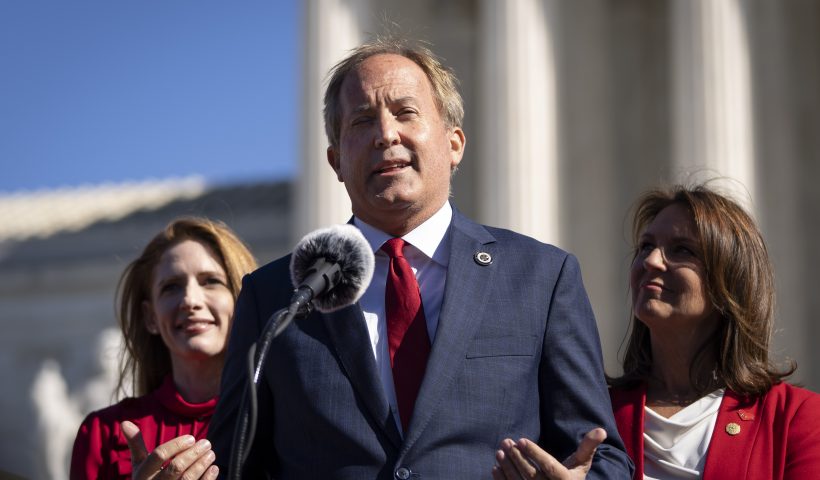 WASHINGTON, DC - NOVEMBER 01: Texas Attorney General Ken Paxton speaks outside the U.S. Supreme Court on November 01, 2021 in Washington, DC. On Monday, the Supreme Court heard arguments in a challenge to the controversial Texas abortion law which bans abortions after 6 weeks. (Photo by Drew Angerer/Getty Images)