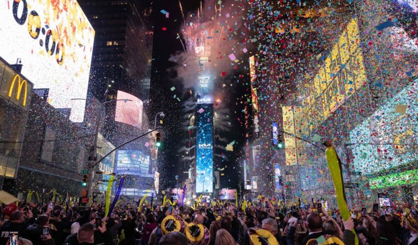 Confetti flies in the air at Times Square on New Year's Eve in New York City on December 31, 2021. (Photo by Yuki IWAMURA / AFP) (Photo by YUKI IWAMURA/AFP via Getty Images)