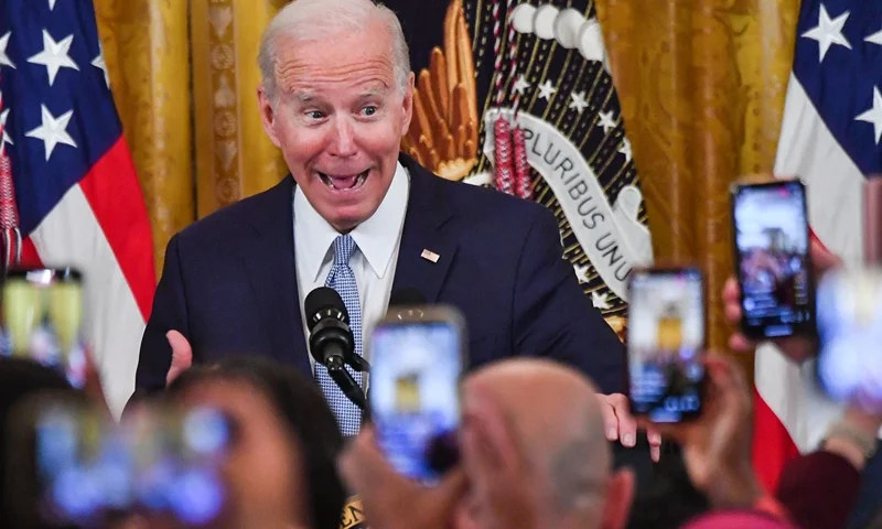 US President Joe Biden during an Eid al-Fitr reception in the East Room of the White House in Washington, DC, on May 2, 2022. (Photo by Nicholas Kamm / AFP) (Photo by NICHOLAS KAMM/AFP via Getty Images)