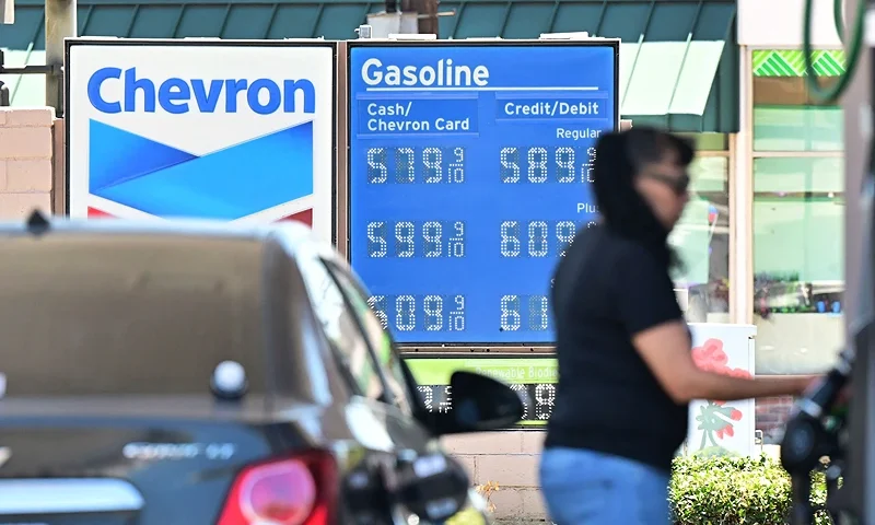 Gas prices are displayed at a petrol station in Monterey Park, California, on July 19, 2022. - US gasoline prices have fallen from historic highs earlier in the summer, a retreat highlighted by a politically beset White House as a sign of moderating inflation. President Joe Biden took to Twitter to point out that prices at the pump have fallen for more than a month, saving the average driver about $25 a month. Gasoline prices are now at a national average of $4.495 per gallon, down 10 percent from a month ago but up 42 percent from the year-ago level, according to the American Automobile Association. (Photo by Frederic J. BROWN / AFP) (Photo by FREDERIC J. BROWN/AFP via Getty Images)