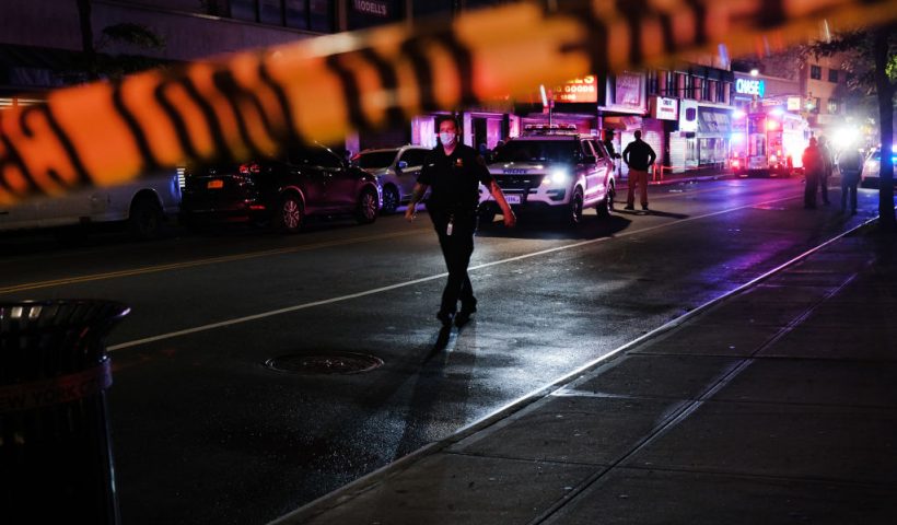 NEW YORK, NEW YORK - JUNE 03: Police gather at the scene where two New York City police officers were shot in a confrontation late Wednesday evening in Brooklyn on June 03, 2020 in New York City. The officers were hit by gunfire in the Flatbush section of Brooklyn just before midnight and no details have yet to be released on their condition. New York City is still facing days of protests and looting following the police killing of George Floyd in Minneapolis. (Photo by Spencer Platt/Getty Images)