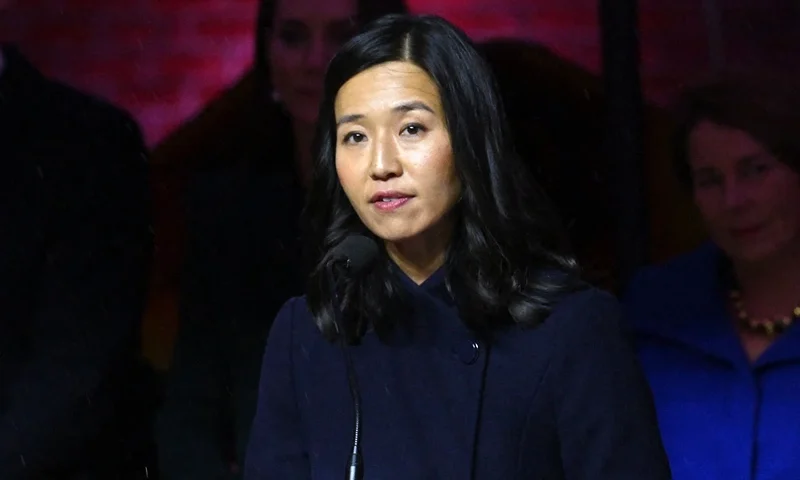 US-BRITAIN-DIPLOMACY-ROYALS-EARTHSHOT Mayor of Boston Michelle Wu speaks during a Welcome to Earthshot event at City Hall Plaza in Boston, Massachusetts, on November 30, 2022. (Photo by ANGELA WEISS / AFP) (Photo by ANGELA WEISS/AFP via Getty Images)