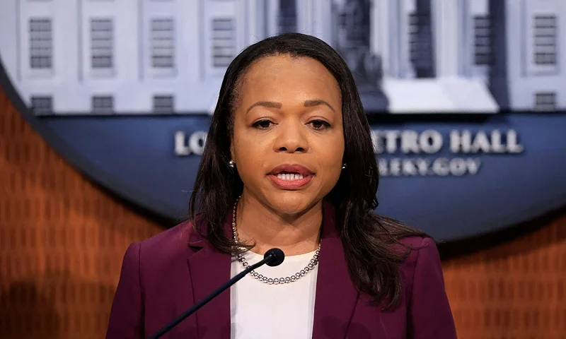US Assistant Attorney General Kristen Clarke speaks during a press conference on the Justice Departments findings of the civil rights investigation into the Louisville Metro Police Department and Louisville Metro Government on March 8, 2023, in Louisville, Kentucky. - The investigation stems from the March 13, 2020, killing of Breonna Taylor by police officers serving a no-knock warrant. (Photo by LUKE SHARRETT / AFP) (Photo by LUKE SHARRETT/AFP via Getty Images)
