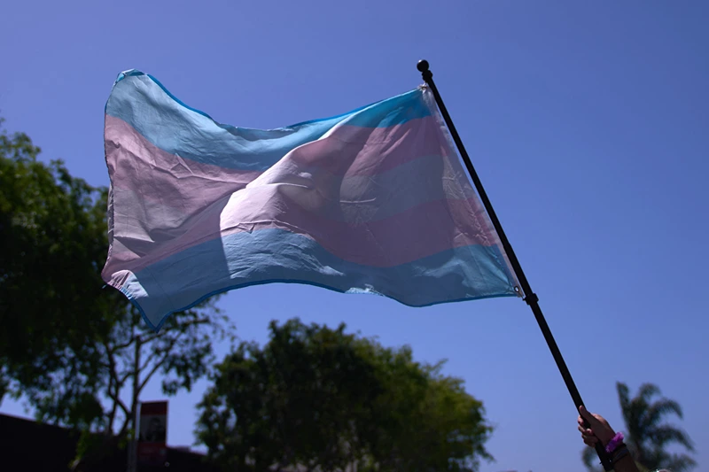 US-POLITICS-SOCIETY-HOLIDAY-LGBTQ+-DEMONSTRATION
A Transgender Pride Flag is held above the crowd of LGBTQ+ activists during the Los Angeles LGBT Center's "Drag March LA: The March on Santa Monica Boulevard", in West Hollywood, California, on Easter Sunday April 9, 2023. The march comes in response to more than 400 pieces of legislation targeting the LGBTQ+ community that government officials across the United States have proposed or passed in 2023. (Photo by ALLISON DINNER / AFP) (Photo by ALLISON DINNER/AFP via Getty Images)