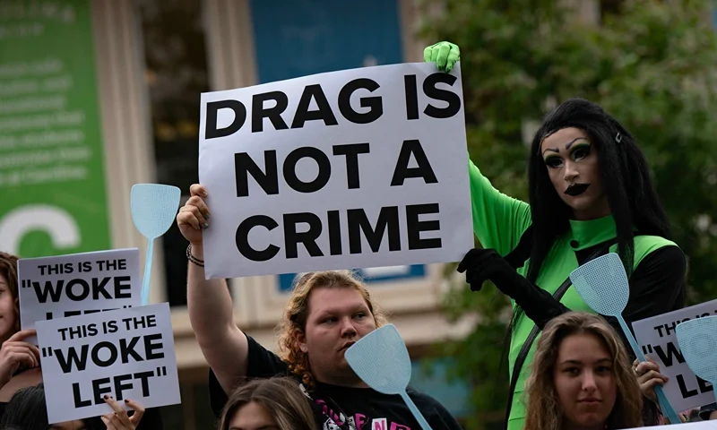 Protesters gather outside the University of North Carolina Chapel Hill where former US Vice President Mike Pence speaks about "Saving America from the Woke Left," in Chapel Hill, North Carolina, on April 26, 2023. (Photo by Allison Joyce / AFP) (Photo by ALLISON JOYCE/AFP via Getty Images)