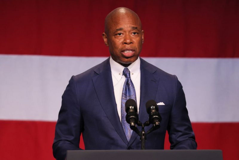 NEW YORK, NEW YORK - JULY 28: Mayor Eric Adams speaks at the Billie Holiday Theatre in Restoration Plaza on July 28, 2022 in the Bedford-Stuyvesant neighborhood of Brooklyn borough in New York City. Vice President Kamala Harris met with community leaders and made an announcement of the formation of the Economic Opportunity Coalition (EOC), a coalition of 24 companies and foundations that will be investing tens of billions of dollars in underserved communities. She also announced new policy initiatives that will help advance the Biden-Harris Administration’s work in supporting Community Development Financial Institutions Funds (CDFIs), small businesses, and community infrastructure. Vice President Harris was joined by Lieutenant Governor Antonio Delgado, Mayor Adams, SBA Administrator Isabella Guzman, Deputy Commerce Secretary Don Graves, and Department of the Treasury Counselor for Racial Equity Janis Bowdler. (Photo by Michael M. Santiago/Getty Images)