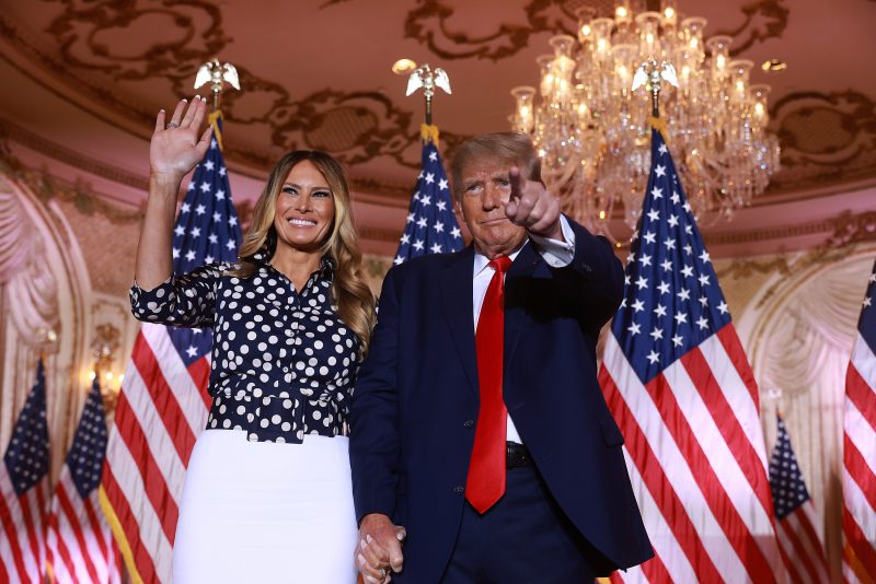 PALM BEACH, FLORIDA - NOVEMBER 15: Former U.S. President Donald Trump and former first lady Melania Trump stand together during an event at his Mar-a-Lago home on November 15, 2022 in Palm Beach, Florida. Trump announced that he was seeking another term in office and officially launched his 2024 presidential campaign. (Photo by Joe Raedle/Getty Images)